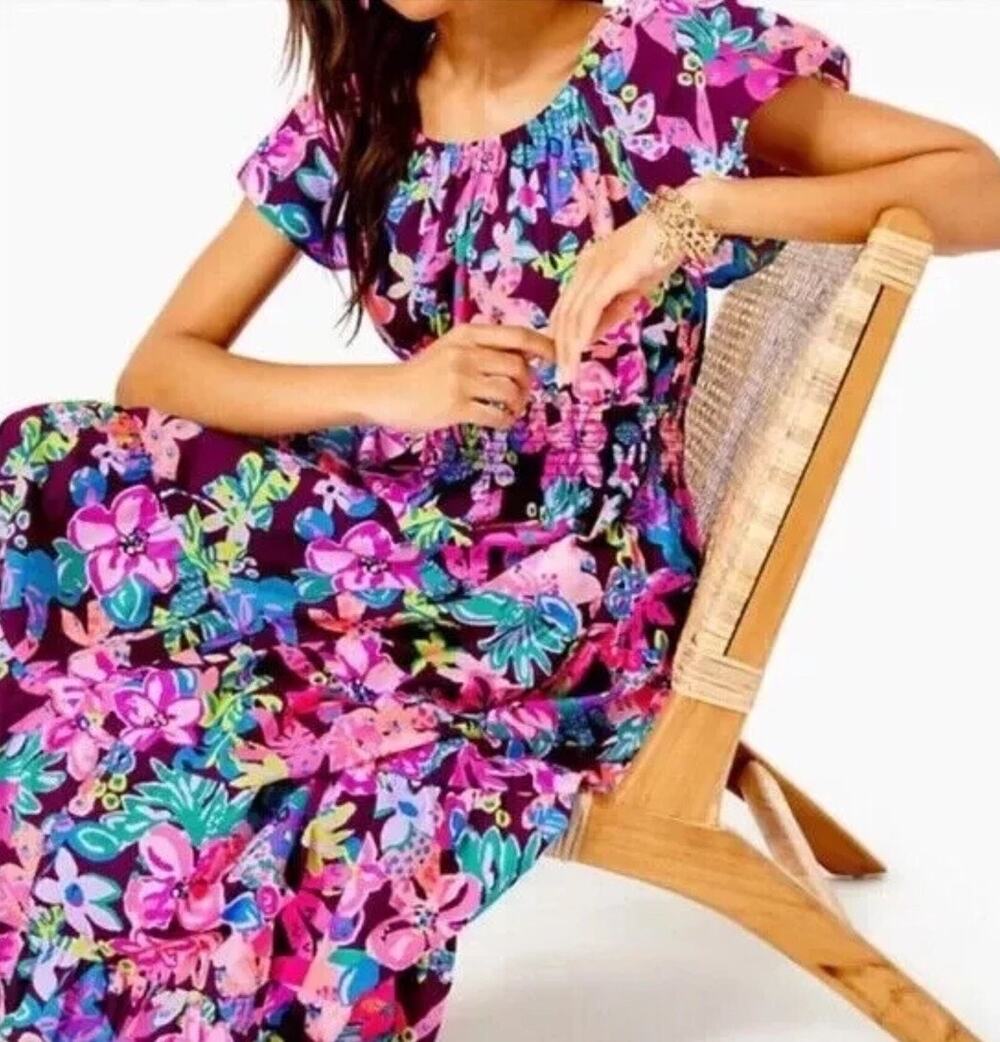 Lilly Pulitzer Ellabell Midi Cotton Dress Cherry Ganache Bohemian Garden Size XS
